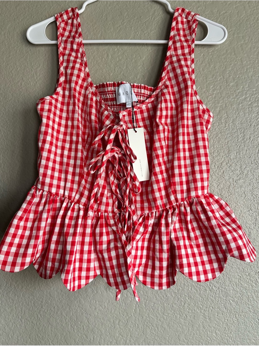 Gingham Lace-Up Peplum Tie Front Top in Red and White